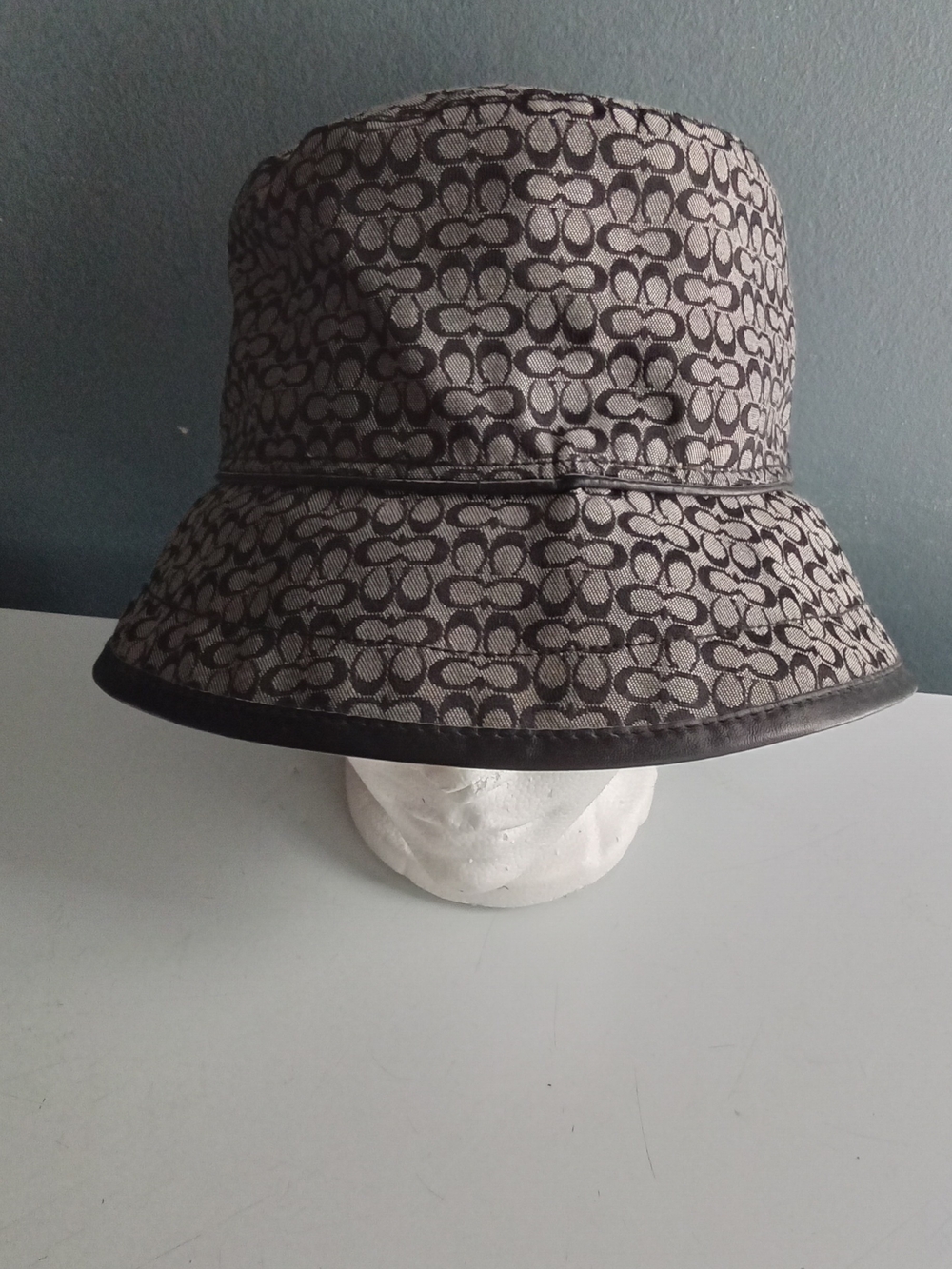 Coach Gray & Black Signature Jacquard Bucket Hat with Leather Trim